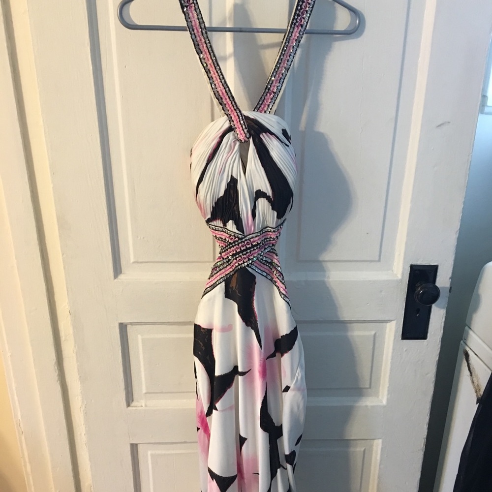 halter top prom dress with low cross cross back
